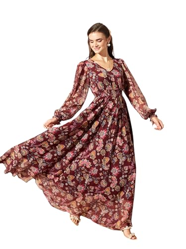 Image of Miss Chase Women's Multicolored-Base-Brown Relaxed Fit Maxi Lurex Chiffon Dress