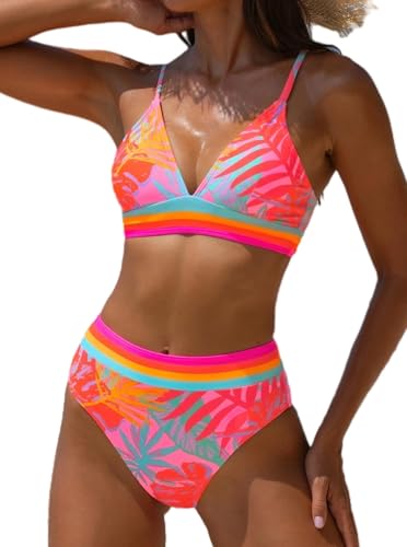 popvil High Waisted Bikini Sets for Women Neon Swimwear Floral Print Tummy Control Swimsuit