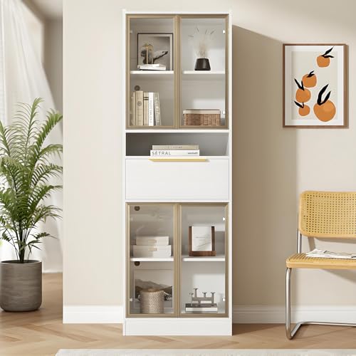 Vitrina Alta Blanca Moderna Con LED De 16 Colores Y Bluetooth – 60×35×180 Cm – Vitrina Con Frente De Cristal Y Cajón – Espacio De Almacenamiento E Iluminación Para Salón, Oficina O Dormitorio