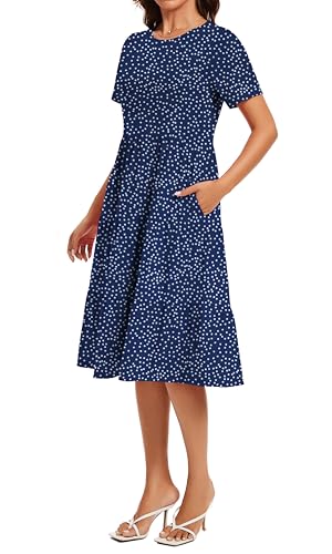 Image of Womens Summer Short Sleeve Crew Neck Midi Dress 2026 Casual Fit Flowy Tiered Beach Vacation Sundress with Pockets