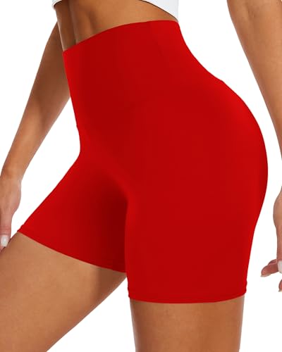 DHSO High Waisted Biker Shorts for Women-5 Spandex Tummy Control Athletic Workout Running Yoga Gym Fitness Clothes(Red S-M)