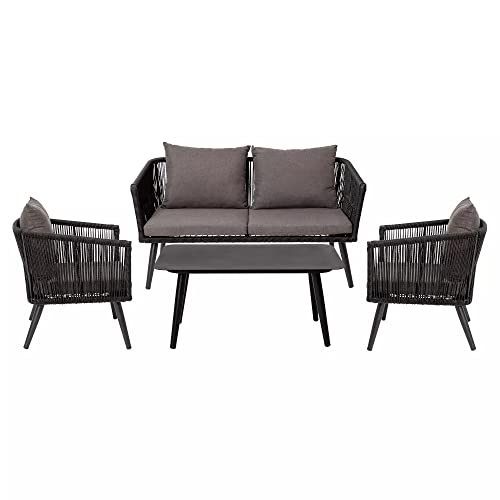 Image of DEVOKO Outdoor and Indoor 4 Seater Sofa with Center Table and Cushion Rope Chairs Set for Garden, Balcony (Black & Dark Grey)