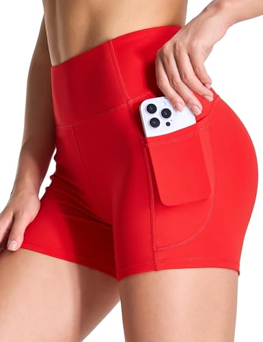 THE GYM PEOPLE High Waist Yoga Shorts for Women's Tummy Control Fitness Athletic Workout Running Shorts with Deep Pockets Hot Red