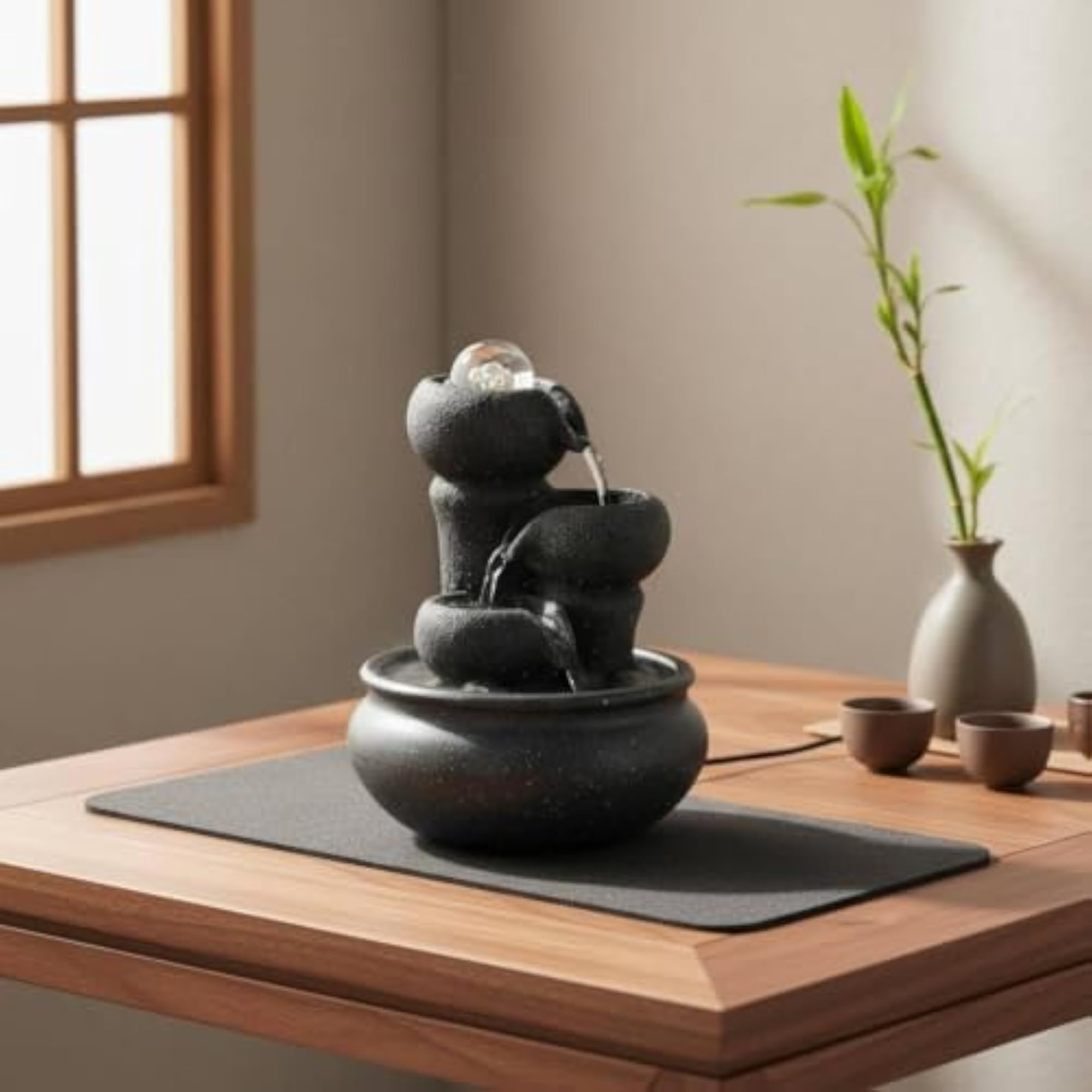 Compact Indoor Water Feature with Light, USB Powered Decor