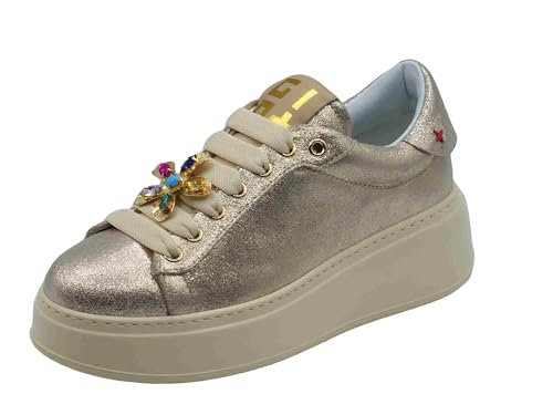 GIO+ PIA315B Combi Puder Gold Zapatillas para mujer en piel satinada gris con apliques, Polvo combinado, 39 EU