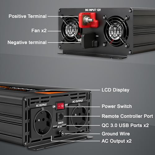Convertisseur 12V 230V Pur Sinus 3000W avec écran LCD et télécommande - 6