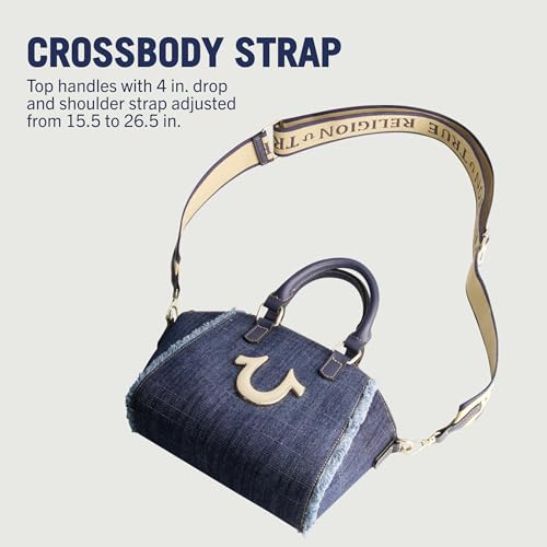 True Religion Satchel Bag, Women's Frayed Denim Purse Shoulder Handbag with Horseshoe Logo, Denim4