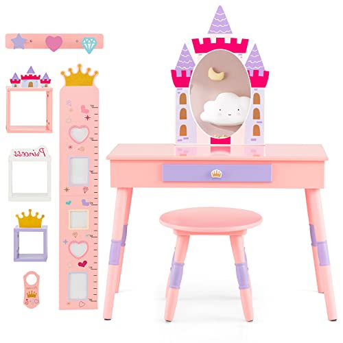 LIFEZEAL Tocador Infantil Castillo, Tocador Infantil con Espejo y Taburete 3+ Años, Tocador de Madera 74x39x101,5 CM, Capacidad de Carga 30/50 KG, Rosa