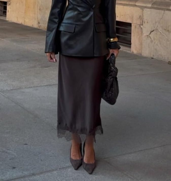 Aonoapll Women Satin Lace Long Skirt Elastic Waist Silky Lace Trim Midi Skirt Y2k Half Slip Maxi Skirts for Under Dress - Image 3