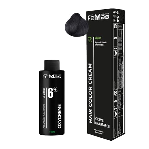 Femmas Set de tinte para el cabello castaño medio ceniza 4.1 I Hair Color Cream 100 ml + crema de óxido 100 ml 6% I coloración permanente + desarrollador I Suave y duradero I Tinte de pelo de salón de