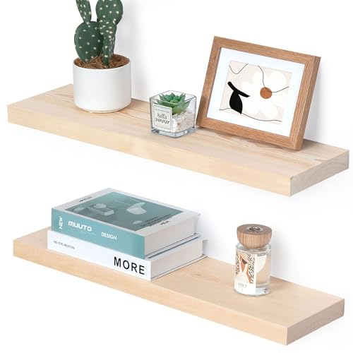 Image of Marsmiles Natural Wood Floating Shelves | 24 Inch Unfinished Wood Wall Shelves Set of 2 | 24 inch W x 6.7 inch D Rustic Wooden Shelves for Bathroom Kitchen Living Room Bedroom