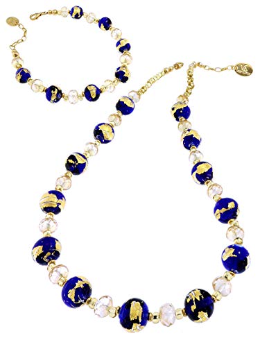 Venetiaurum - Set per Donna Composto Da Collana E Bracciale Con Perle In Vetro Originale Di Murano E Argento 925 Placcato Oro 18KT- Gioiello Made In Italy Certificato