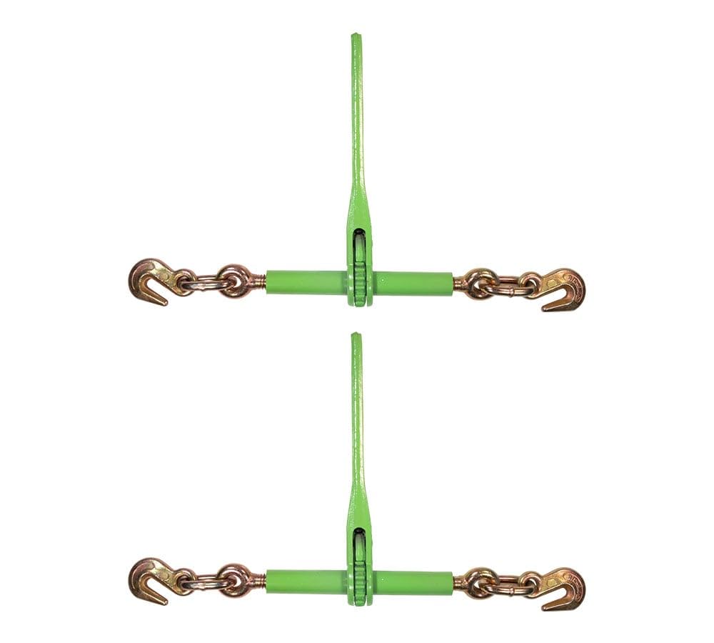 Mytee Products 2 Pack 5/16"- 3/8" Heavy Duty Hi-Viz Green Ratchet Chain Binder w/ 5/16" Grab Hook &amp; 1/2" Slip Hook, 5,400 Lbs WLL - Tie Down Hauling Load Binders for Flatbed Trailers