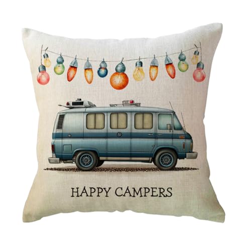 ULOVE LOVE YOURSELF Camper Throw Pillow Cover 18 x 18 Inch Happy Campers Decorative Pillowcases Camper Accessories for Travel Trailers RV Camping Gifts (Blue)