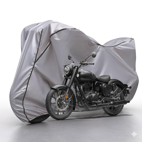 Image of Waterproof Bike Body Cover Compatible with RE Classic 350 Dustproof Scratchproof - Motorcycle Cover for Two Wheeler, Outdoor Full Cover with UV, Duty, Rain Protection (Silver & Black) R1