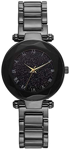 Damenuhr Quarz-Armbanduhr mit rundem Zifferblatt Sternenhimmel mit Metallarmband für Elegante Frauen, Schwarz