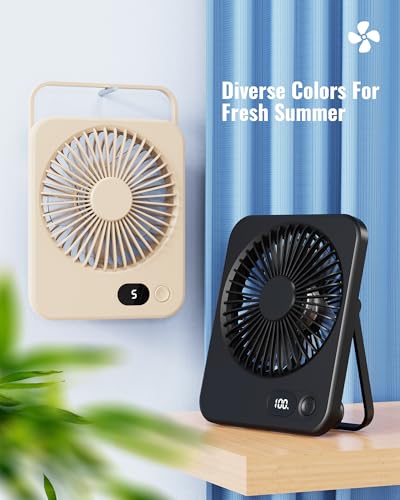 LUXVANO USB Desk Fan - Mini Portable Fan with 5 Speeds, 180° Rotation, 2.75-8H Use, LED Display, Ultra-Slim 3.8cm Small Table Fan Rechargeable, Low Noise, for Travel, Home, Office, Makeup, Beige - Image 9