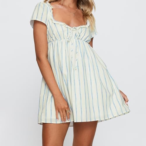 Image of Women Y2k Puff Sleeve Babydoll Dresses Square Neck Tie Back Mini Dress Summer Solid Off Shoulder Flowy Sundress
