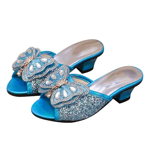 Heeled Slide Sandals for Children Girls Fashion Shoes Sparkly Dressy for Kids Party Special Wear Buckle Dress Shoes (Blue, 36)