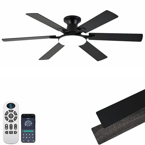 iacaf Ceiling Fans with Lights,54 Inch Low Profile Ceiling Fan with Light and Remote Control,6 Speeds/6 Blade,Flush Mount,LED Dimmable DC Reversible Modern, Black Ceiling Fan for Bedroom/Living Room