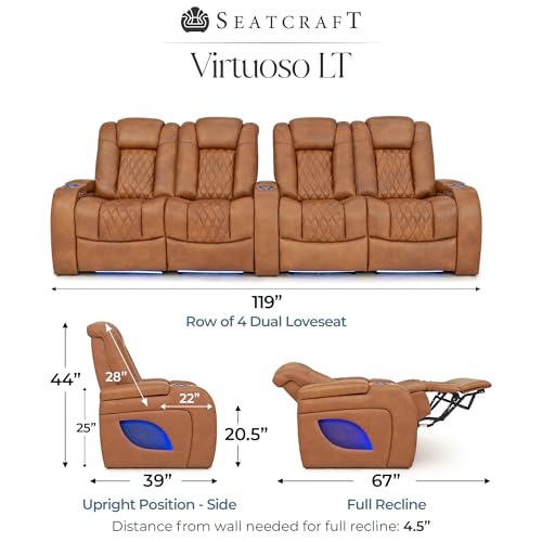 Image of Seatcraft Virtuoso LT Tawny Italian Leather Home Theater Seating, Zero Gravity Power Recliner, Heat and Massage, Powered Headrest and Lumbar Gaming and Home Office Chair, Row of 4 Middle Loveseats