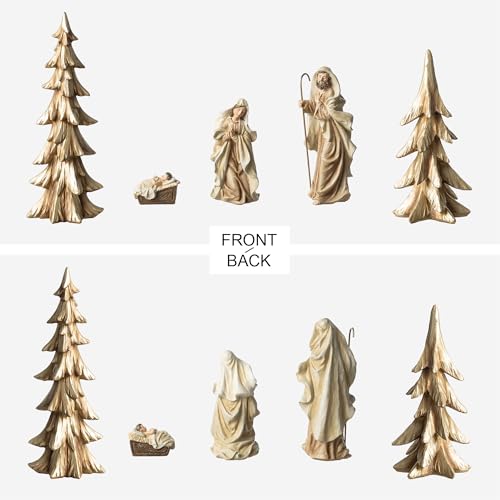Image of Glitzhome Set of 5 Gold Christmas Tabletop Scenes, 2 Christmas Table Trees with Holy Family - Joseph, Mary, Baby Jesus Nativity Figurines Sets for Xmas Indoor Mantel Shelf Decor, Home Accents