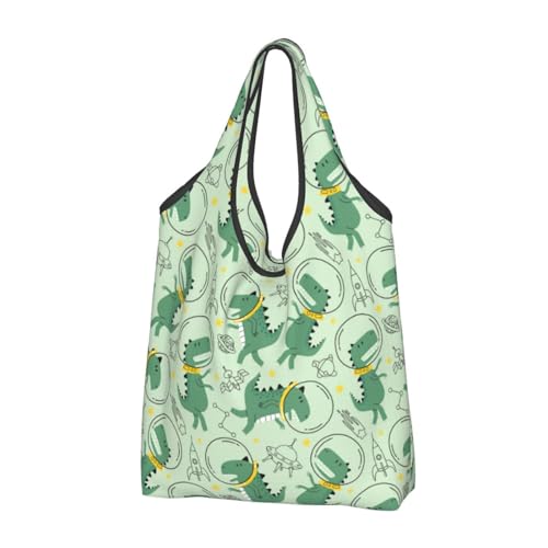 TZTTZT Bolsas de compras reutilizables, plegables, lindos dinosaurios en el espacio, bolsa de comestibles con asas, Negro, 1 PC