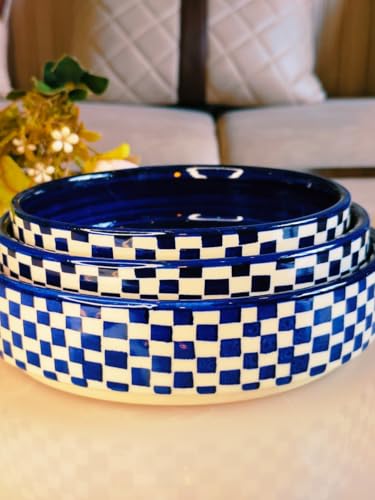Image of Niyara Stoneware Handmade Ceramic Stylish Premium Serving Bowls /Salad Tray Microwave Dishwasher Safe (Blue and White Print Design)