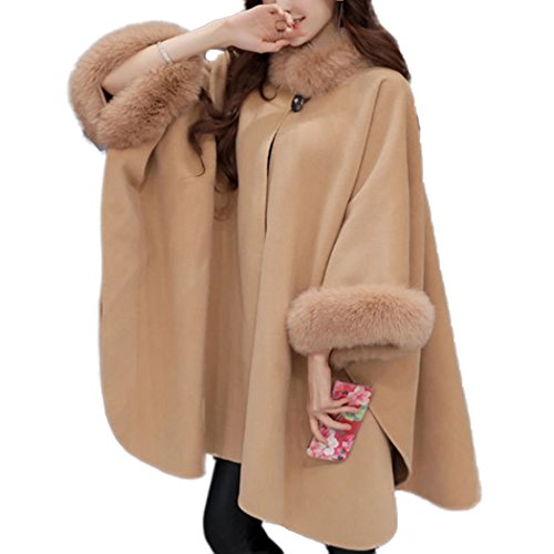 HANMAX Damen Winter Kunstpelz Kragen Strickjacke Mantel Langer Warm Poncho Cape Deckmantel mit Fell Cover