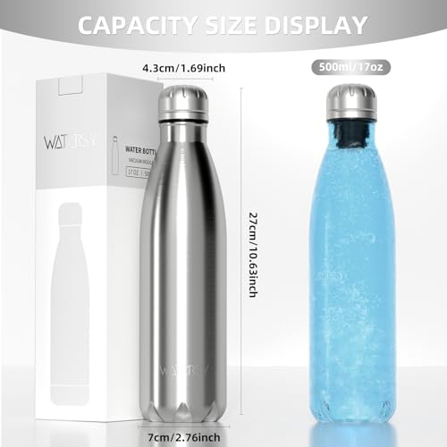 Image of WATERSY Stainless Steel water bottles,17oz /500ml Insulated Water Bottles,Sliver metal water bottle Keeps Drink Cold and Hot,BPA Free kids water bottles for School,Gym,Travel,Sports
