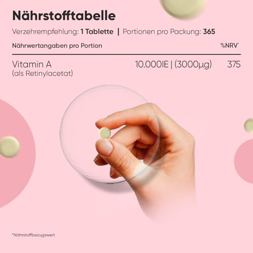 Vitamin A Tabletten - 10.000IE Retinol (3000μg) - Bekannt als Augenvitamine - Vitamin A trägt zur Erhaltung der normalen Sehkraft bei (EFSA) - 365 Retinylacetat Tabletten - Vegan - WeightWorld