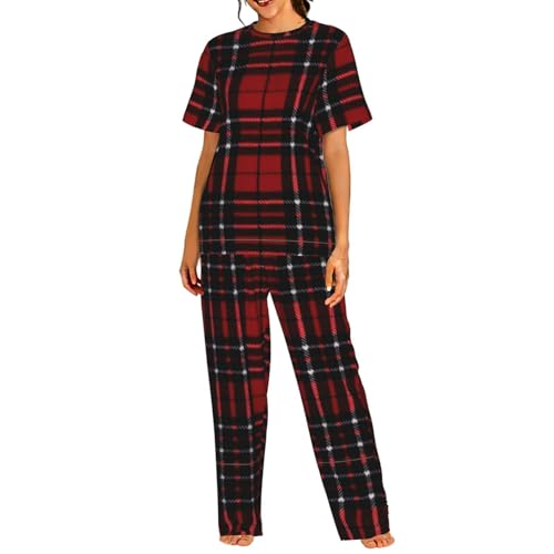 Pyjama confortable manches courtes femme ensemble écossais rouge noir S-3XL