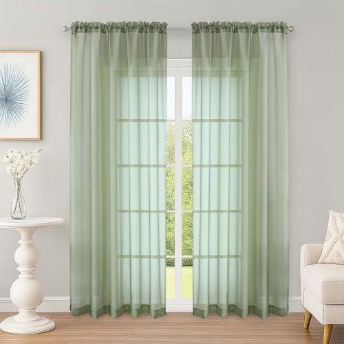 Image of OWENIE Sheer Curtains 84 Inches Long 2 Panels Set, Sage Green Sheer Curtain for Living Room Bedroom, Modern Filmy Rod Pocket Curtains Drapes, 2 Pcs, Each 59 W x 84L, Sage Green