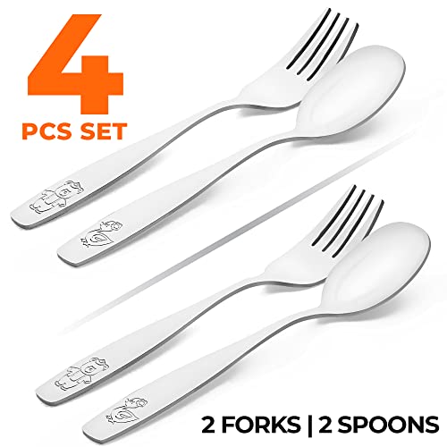 Zulay Kitchen 4-Piece Toddler Silverware Set - Toddler Utensils For Self Feeding - Smooth Edged Kids Silverware Stainless Steel, Mirror Polished, Dishwasher Safe (2 Forks & 2 Spoons) #TOP1