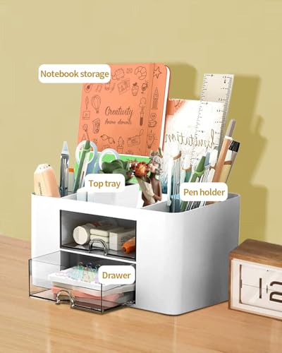 Image of Office Desk Organizer with 2 Drawers Multi-Functional Desktop Pen Pencil Case Storage Box,Desktop Organizer for Office Home Supplies White LCC570-02