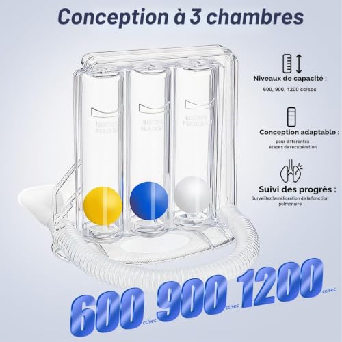 Youmang Spiromètre pulmonaire à 3 balles - Entraîneur respiratoire réglable pour la récupération postopératoire et le renforcement des muscles respiratoires (600 à 1200 cc/s) – vue 2
