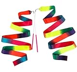 YGEOMER 2Pcs Dance Ribbons for Kids, Neon Rainbow Gradient Gymnastics Ribbon Wands, Ballet Party Favors for Girls, Birthday Performance Props