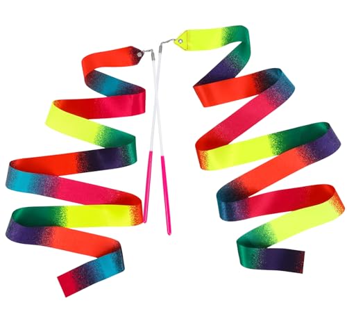 YGEOMER 2Pcs Dance Ribbons for Kids, Neon Rainbow Gradient Gymnastics Ribbon Wands, Ballet Party Favors for Girls, Birthday Performance Props