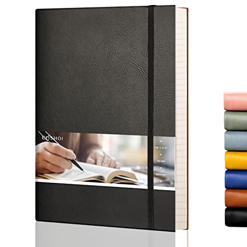 EMSHOI Taccuino a righe formato B5, 19 x 25 cm, grande diario in pelle con note adesive, 204 pagine numerate, carta a righe da 100 g/m², tasca posteriore, copertina morbida, nero