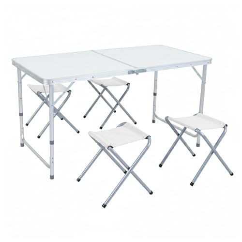 Baroni Home Tavolo Pieghevole da Campeggio con 4 Sedie Richiudibili, Tavolino Portatile in Alluminio con Piano in MDF, Leggero, Ideale per Campeggio, Spiaggia, Picnic e Outdoor, Tavolo Bianco 120 cm