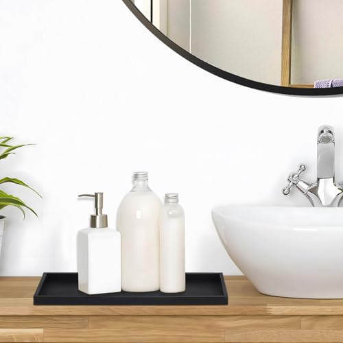 EXELCO 2er 30cm Badzimmer Deko Tablett Schwarz Silikon Bad Dekotablett Klein Schmuckschale Kerzentablett Rechteckig Ablageschale Badezimmertablett für Schmuck Kerzen Handtuch Waschtisch Badewanne