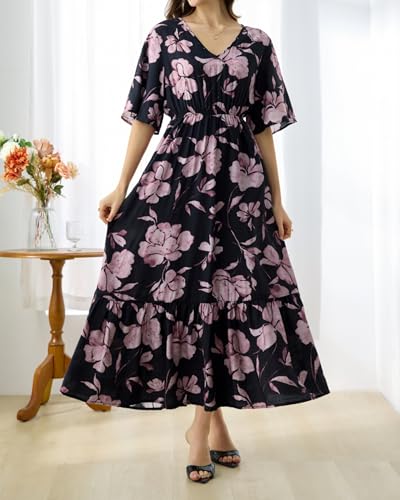 Image of Women's Summer Short Sleeve Maxi Floral Flowy Dresses with Pockets