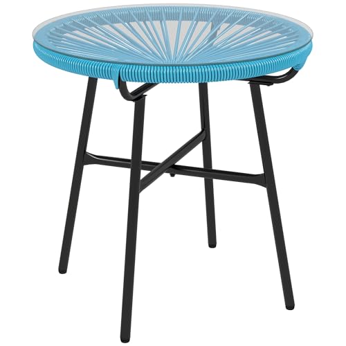 Outsunny Table Basse Ronde de Jardin en résine Aspect rotin métal et Plateau Verre trempé Ø 50 x 50 cm Bleu