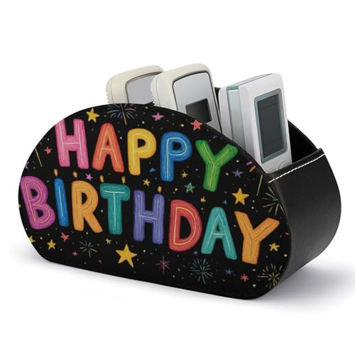 Jubonexis Happy Birthday - Soporte de control remoto de dibujos animados con 5 compartimentos de cuero para TV, organizador de escritorio