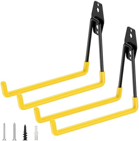 TICONN 2 Pack Heavy Duty Garage Hooks, Steel Utility Wall Storage Hooks, Wall Mount Hanger Organizer for Ladders, Bikes, Tools, Bulky Items (Large, Yellow Square)