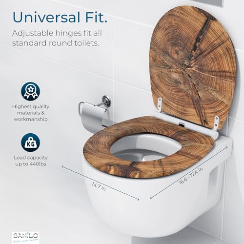 Image of Sanilo Wooden Toilet Seat with Quick Release & Soft Close [ROUND] - Decorative & Slow Close Molded Wood Seat - With One Click for Easy Installation & Cleaning - With Adjustable Fit (Old Tree)