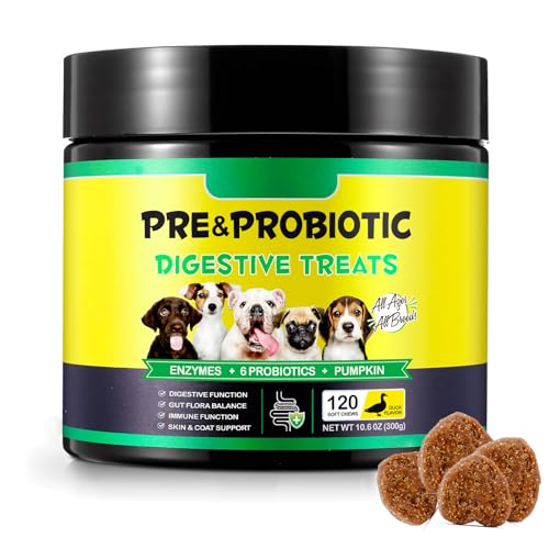 Probiotiques pour Chiens - Suppléments Probiotiques pour Chiens pour la Santé Intestinale et la Digestion, Toutes les Âges et Races, 120 Comprimés à Mâcher, Saveur Canard