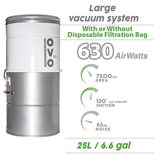 OVO Large and Powerful Central Vacuum System, Hybrid Filtration (with or Without Disposable Bags), 25L or 6.6 Gal, 630 Air watts + 30 ft Carpet Deluxe Accessory Kit Included by OVO - Image 2