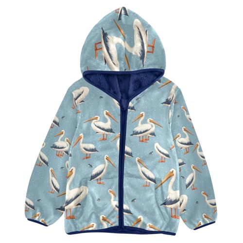 White Pelican Pattern Toddler Fleece Jacket Girl Boys Hooded Fleece Jacket Coat Warm Outwear Zip-up 3-10T