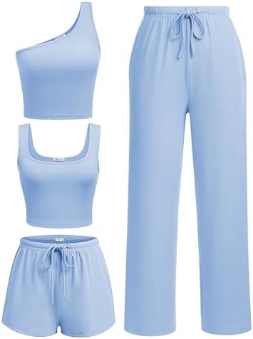 Ekouaer Womens 4 Piece Lounge Sets Ribbed Knit Crop Tank Top and ...